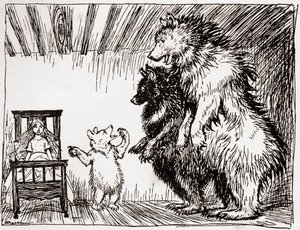 Alguien ha estado acostado en mi cama, y aquí está, ilustración de Ricitos de Oro y los tres osos, de Cuentos de hadas ingleses recontados por F.A. Steel, 1927